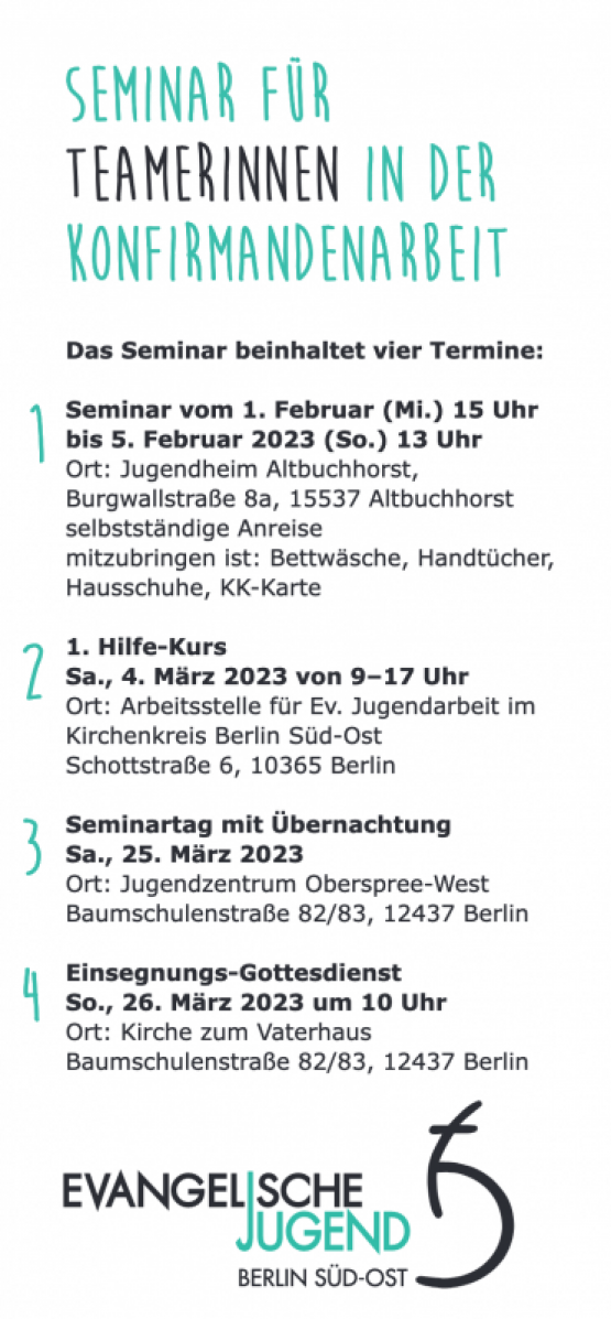 TEAMERINNENSCHULUNG des Ev. Kirchenkreises Berlin Süd-Ost Februar/März 2023: nur noch wenige Plätze frei! Jetzt noch bis 16. Januar 2023 anmelden – hier!