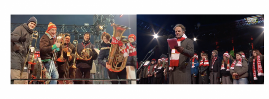 "Eiserne Bläser" des Ev. Kirchenkreises Berlin Süd-Ost heizen im Stadion An der Alten Försterei beim Weihnachtssingen 2025 von Union Berlin kräftig ein. Pfarrer Ulrich Kastner liest die Weihnachtsgeschichte. Fotos: Focko Hinken/rbb