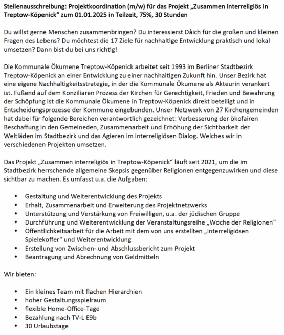 Stellenausschreibung: Projektkoordination (m/w) für das Projekt „Zusammen interreligiös in Treptow-Köpenick“ zum 01.01.2025 in Teilzeit, 75%, 30 Stunden