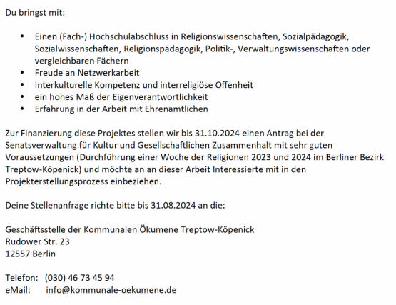 Stellenausschreibung: Projektkoordination (m/w) für das Projekt „Zusammen interreligiös in Treptow-Köpenick“ zum 01.01.2025 in Teilzeit, 75%, 30 Stunden